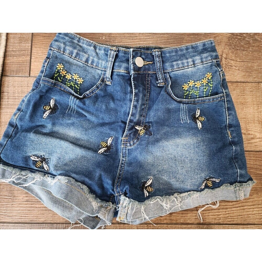 Romwe Embroidered Bees Flowers Spring Denim Shorts Womens 2 XSMALL